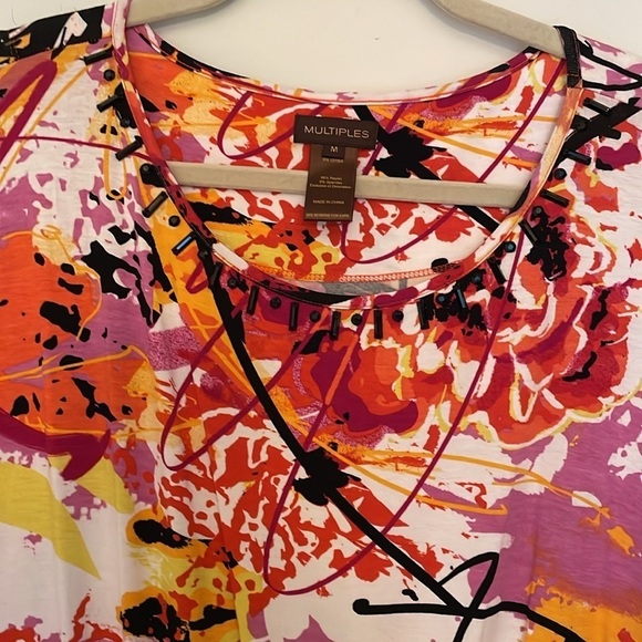 MULTIPLES Soft Knit Dolman Sleeve Top Blouse Floral Paint Design Pink Orange M - Picture 4 of 6